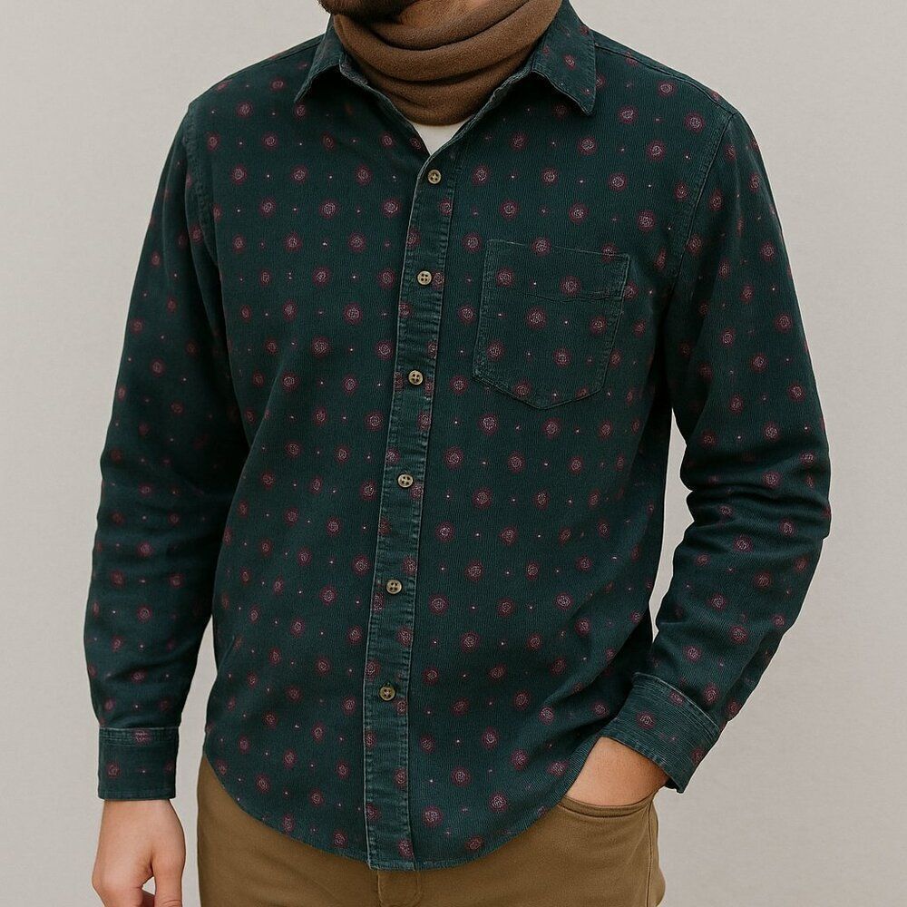 American Eagle Men's Green Corduroy Floral Button Down Shirt Size S 100% Cotton